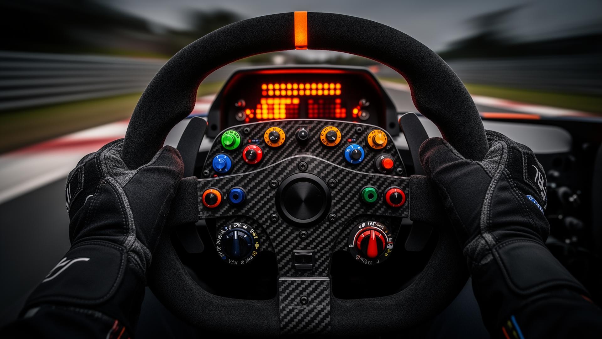 Direct-Drive-Lenkrad des ACTORACER mit Carbon, Alcantara und LED-Drehzahlanzeige